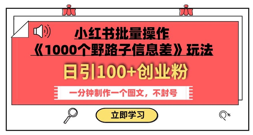 小红书批量操作《1000个野路子信息差》玩法，一分钟制作一个图文，不封号，日引100+创业粉-文强博客