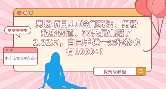 男粉项目5.0冷门玩法，男粉私密赛道，30天最高赚了2.32万，自己手搓一天轻松也有1000+【揭秘】-文强博客